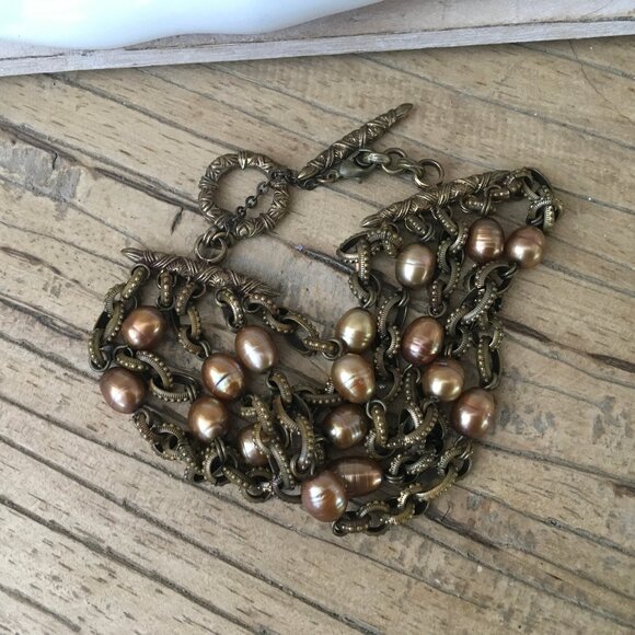 Stephen Dweck 5 Strand Bronze Link Bracelet with Gold Pearls - Picture 7 of 11